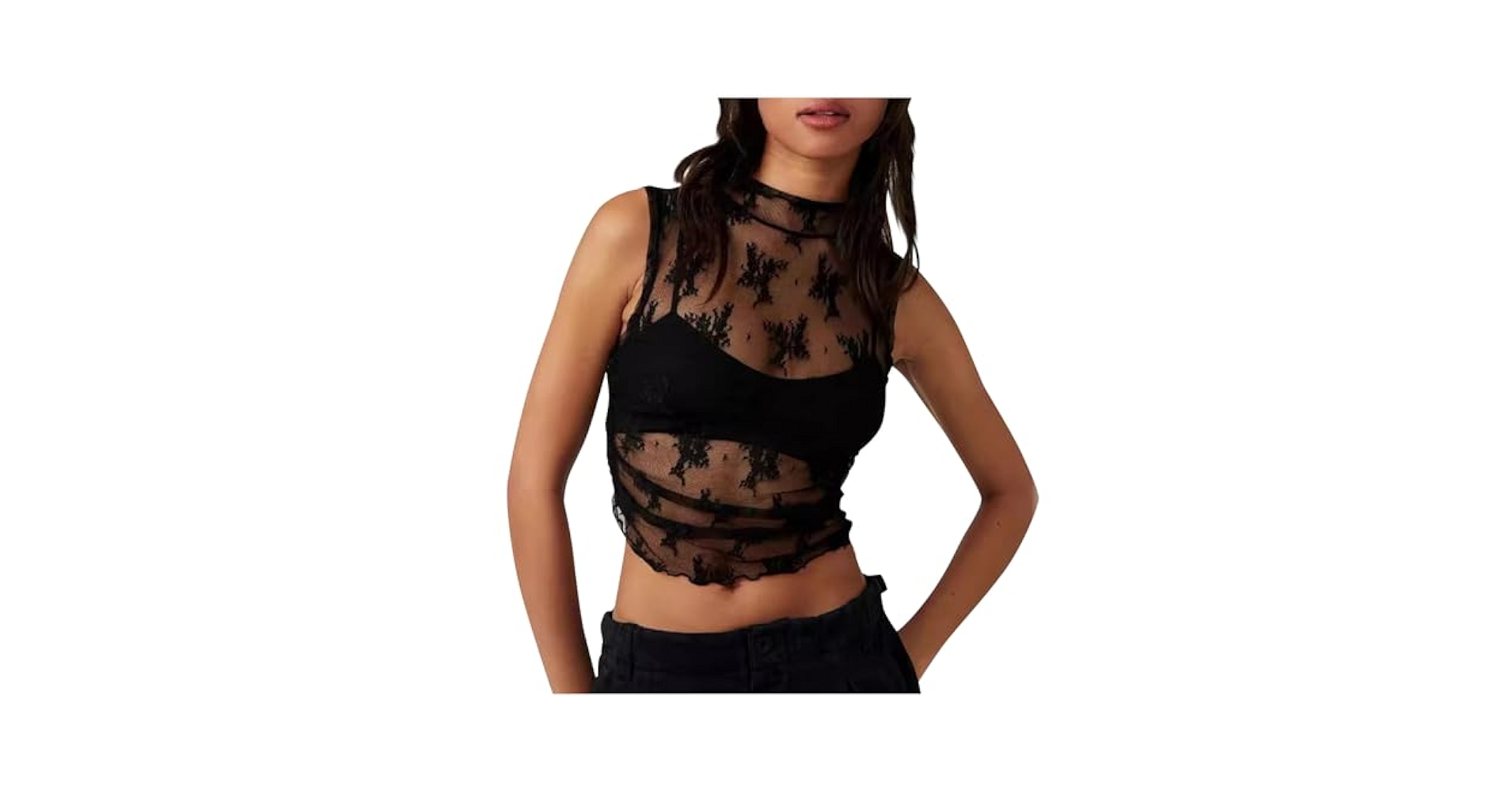 Women's 2024 Sleeveless Sheer Mesh Crop Top Mock Neck Summer